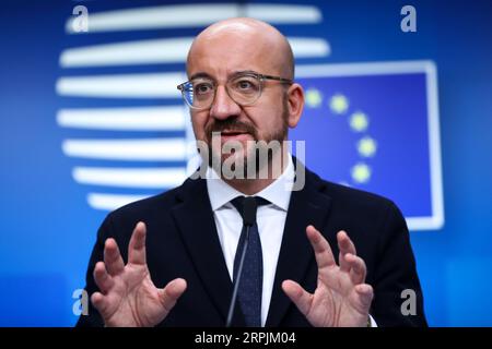 191213 -- BRÜSSEL, 13. Dezember 2019 -- der Präsident des Europäischen Rates Charles Michel nimmt am Ende des EU-Gipfels am 13. Dezember 2019 in Brüssel, Belgien, an einer Pressekonferenz Teil. BELGIEN-BRÜSSEL-EU-GIPFELABSCHLUSS ZhangxCheng PUBLICATIONxNOTxINxCHN Stockfoto