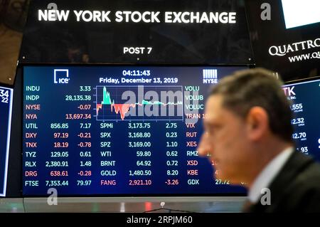 191213 -- NEW YORK, 13. Dezember 2019 -- ein elektronischer Bildschirm zeigt die Handelsdaten an der New York Stock Exchange in New York, USA, am 13. Dezember 2019. Die US-Aktien endeten am Freitag höher, als die Anleger Aktualisierungen über den Handel zwischen den USA und China und eine Reihe von Wirtschaftsdaten verdauten. Der Dow Jones Industrial Average stieg um 3,33 Punkte oder 0,01 Prozent auf 28.135.38. Die S&P 500 stieg um 0,23 Punkte oder 0,01 Prozent auf 3.168,80. Der Nasdaq Composite Index stieg um 17,56 Punkte oder 0,20 Prozent auf 8.734,88. U.S.-NEW YORK-STOCKS WangxYing PUBLICATIONxNOTxINxCHN Stockfoto