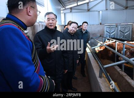 191214 -- PEKING, 14. Dezember 2019 -- Wang Yang, Mitglied des Ständigen Ausschusses des Politischen Büros des Zentralkomitees der Kommunistischen Partei Chinas und Vorsitzender des Nationalen Komitees der Politischen Konsultativkonferenz des chinesischen Volkes, Gespräche mit einem lokalen Dorfbewohner im Dorf Wawu in der autonomen Präfektur Liangshan Yi, Provinz Sichuan im Südwesten Chinas, 13. Dezember 2019. Chinas wichtigster politischer Berater Wang Yang hat Anstrengungen betont, um sicherzustellen, dass beim Aufbau einer gemäßigt wohlhabenden Gesellschaft in jeder Hinsicht keine ethnische Gruppe zurückgelassen wird. Er war auf einer Besichtigungstour in Stockfoto