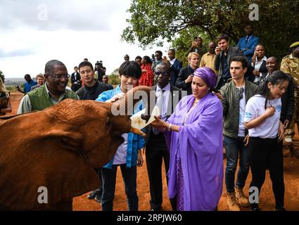 191220 -- NEW YORK, 20. Dezember 2019 -- Wang Junkai 3rd L, Front, UN Environment National Goodwill Ambassador und chinesische Sängerin und Schauspielerin, und UN-Stellvertretende Generalsekretärin Amina Mohammed 3rd R, Front Feed an Elephant in Nairobi, Hauptstadt von Kenia, am 15. März 2019. Unilateralismus und Protektionismus haben das globale Governance-System im Laufe des Jahres 2019 ausgehöhlt, was bei den Mitgliedern der internationalen Gemeinschaft zu weitverbreiteter Besorgnis geführt hat. Angesichts dieser Gegenwinde hat China sein Möglichstes getan, um den Multilateralismus zu verteidigen, indem es konkrete Maßnahmen ergriffen hat, wie zum Beispiel die vollständige Bezahlung aller Schulden für die 2019 regelmäßig stattfindenden UN-Kumpels Stockfoto