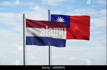 Taiwan und die Niederlande wehen im Wind am blauen Himmel zusammen, zwei Länderkooperationskonzept Stockfoto