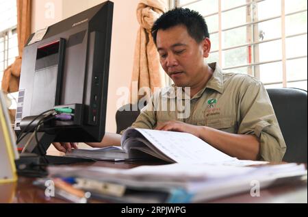 191221 -- HAIKOU, 21. Dezember 2019 -- Feng Erhui, ein Forstingenieur im Dongzhaigang National Nature Reserve, überprüft Materialien in seinem Büro im Reservat in der südchinesischen Provinz Hainan, 18. Dezember 2019. Hainan, reich an Mangrovenvorkommen, verfügt heute über etwa 5.727 Hektar Mangrovenwälder, von denen die meisten in einer Vielzahl von Schutzgebieten - Naturschutzgebieten und Feuchtgebieten - verteilt sind. Chen Zhengping, Feng Erhui, Luo Lixiang und LYU Shiyang sind Mangroven, die das Personal in verschiedenen Mangrovenreservaten in der Provinz Hainan schützen und managen, und übernehmen Verantwortung, einschließlich Patrouille Stockfoto