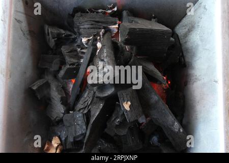 Holzkohlestücke auf einem Grillherd, die ein Feuer zum Kochen oder Braten von Fleisch anzünden Stockfoto