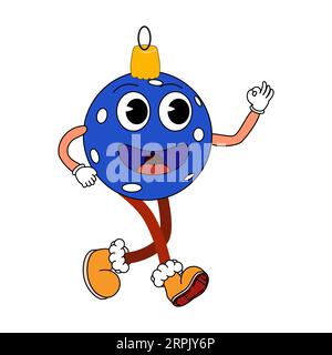Weihnachtskugel Cartoon lustige Retro-Comic-Weihnachtsfigur mit Handschuhen Stock Vektor