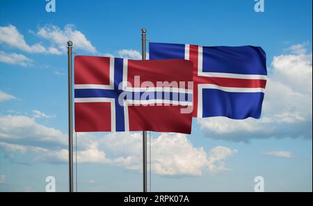 Island und Norwegen wehen im Wind am blauen Himmel zusammen, zwei Konzepte der Länderzusammenarbeit Stockfoto