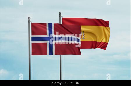 Die Flagge Spaniens und Norwegens weht im Wind am blauen Himmel zusammen, zwei Konzepte der Länderzusammenarbeit Stockfoto