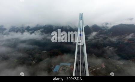191230 -- PINGTANG, 30. Dezember 2019 -- Luftaufnahme vom 30. Dezember 2019 zeigt die Pingtang-Brücke in der südwestchinesischen Provinz Guizhou. Die Pingtang-Brücke in der südwestchinesischen Provinz Guizhou, die den höchsten Betonbrückenturm der Welt hat, wurde am Montag für den Verkehr geöffnet, so die lokalen Behörden. In der autonomen Präfektur Qiannan in Bouyei-Miao wird die Brücke, ein kolossales, kabelgestütztes Viadukt, das sich über 2.135 Meter über einen Canyon erstreckt, als Hauptverbindung auf dem Pingtang-Luodian Expressway dienen. Insgesamt wurden 1,5 Milliarden Yuan, etwa 215 Millionen US-Dollar, in die investiert Stockfoto