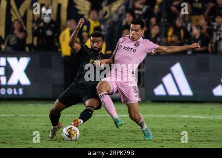 Inter Miami Mittelfeldspieler Diego Gómez (8) und LAFC Mittelfeldspieler Timothy Tillman (11) kämpfen um Besitz während eines MLS-Spiels, Sonntag, 3. September 2023, A Stockfoto