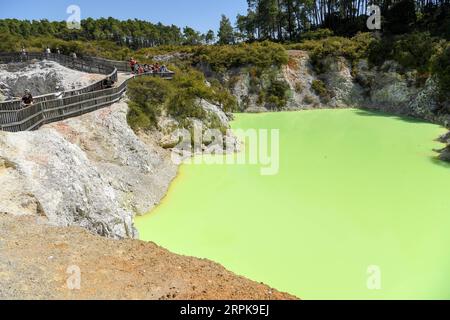 200104 -- WELLINGTON, 4. Januar 2020 -- Foto aufgenommen am 3. Januar 2020 zeigt die Landschaft des Wai-O-Tapu Thermalwunderlandes in Rotorua, Neuseeland. Das Thermalwunderland Wai-O-Tapu ist Teil eines malerischen Naturschutzgebiets, das sich über 18 Quadratkilometer erstreckt. Er wurde vor etwa 160.000 Jahren gegründet und ist mit kollabierten Kratern, kalten und kochenden Schlamm-, Wasser- und dampfenden Fumarolen bedeckt. Aufgrund unterschiedlicher Mineralzusammensetzungen hat das Poolwasser im Park verschiedene Farben wie Grün, Rot, Gelb und Bronze. NEUSEELAND-ROTORUA-WAI-O-TAPU THERMAL WONDERLAND GUOXLEI PUBLICATIONXNOTXINXCHN Stockfoto