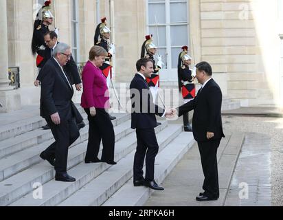 200105 -- PEKING, 5. Januar 2020 -- der chinesische Präsident Xi Jinping trifft sich mit dem französischen Präsidenten Emmanuel Macron, der deutschen Bundeskanzlerin Angela Merkel und dem Präsidenten der Europäischen Kommission Jean-Claude Juncker am Rande eines von China und Frankreich gemeinsam veranstalteten Global Governance Forums in Paris, Frankreich, am 26. März 2019. XINHUA-BILDER DES JAHRES 2019 JuxPeng PUBLICATIONxNOTxINxCHN Stockfoto