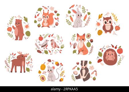 Waldtiere Set. Niedlicher Fuchs, Bär, Elch, Kaninchen und Vögel. Perfekt für Scrapbooking, Karten, Poster, Tag, Aufkleber-Kit. Stock Vektor