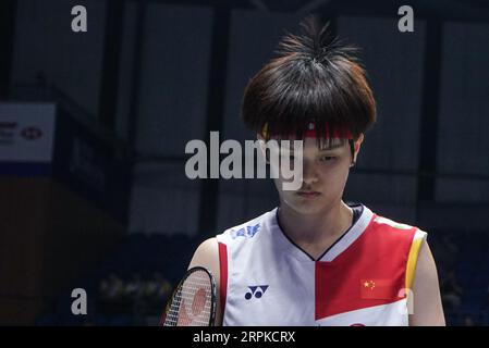 Changzhou, Chinas Provinz Jiangsu. September 2023. Wang Zhiyi aus China reagiert während des ersten Rundenspiels der Frauen gegen Yeo Jia Min aus Singapur bei den China Open 2023 in Changzhou, ostchinesische Provinz Jiangsu, 5. September 2023. Quelle: Yang Lei/Xinhua/Alamy Live News Stockfoto