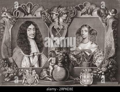 König Karl II. Von England, 1630–1685, und seine Frau Katharina von Braganza, 1638–1705. Nach einem Druck von Frederick van den Hove. Stockfoto