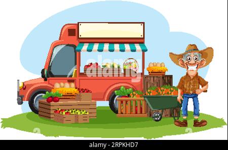 Illustration eines alten Bauern, der frisches Obst vom Food Truck verkauft Stock Vektor