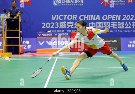 Changzhou, Chinas Provinz Jiangsu. September 2023. Gao Fangjie aus China kommt beim China Open 2023 in Changzhou, Provinz Jiangsu im Osten Chinas, am 5. September 2023 in der ersten Runde gegen Nidaira Natsuki aus Japan zurück. Quelle: Liu Wenhui/Xinhua/Alamy Live News Stockfoto