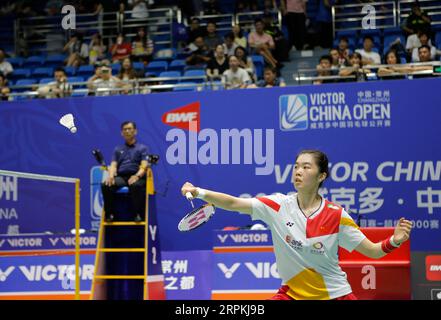 Changzhou, Chinas Provinz Jiangsu. September 2023. Gao Fangjie aus China kommt beim China Open 2023 in Changzhou, Provinz Jiangsu im Osten Chinas, am 5. September 2023 in der ersten Runde gegen Nidaira Natsuki aus Japan zurück. Quelle: Liu Wenhui/Xinhua/Alamy Live News Stockfoto