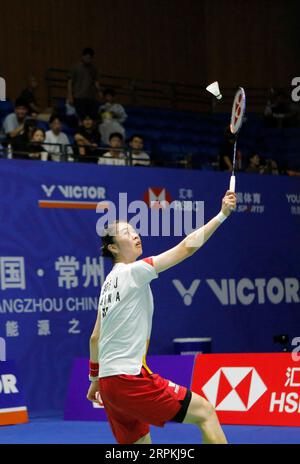 Changzhou, Chinas Provinz Jiangsu. September 2023. Gao Fangjie aus China kommt beim China Open 2023 in Changzhou, Provinz Jiangsu im Osten Chinas, am 5. September 2023 in der ersten Runde gegen Nidaira Natsuki aus Japan zurück. Quelle: Liu Wenhui/Xinhua/Alamy Live News Stockfoto