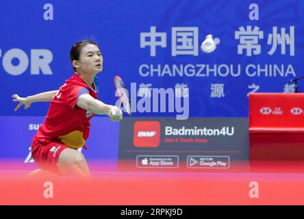 Changzhou, Chinas Provinz Jiangsu. September 2023. Han Yue aus China trifft beim China Open 2023 in Changzhou, Ostchinas Provinz Jiangsu, am 5. September 2023 im Einzel-Spiel der Frauen gegen Pornpawee Chochuwong aus Thailand auf eine Rückkehr. Quelle: Liu Wenhui/Xinhua/Alamy Live News Stockfoto