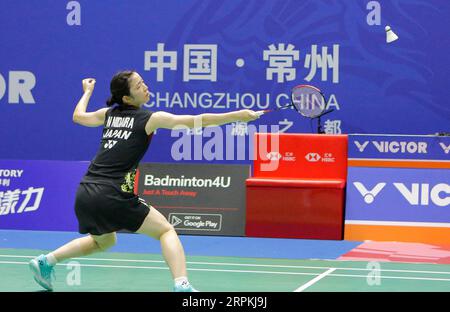 Changzhou, Chinas Provinz Jiangsu. September 2023. Nidaira Natsuki aus Japan trifft beim China Open 2023 in Changzhou, Provinz Jiangsu im Osten Chinas, am 5. September 2023 in der ersten Runde der Frauen gegen Gao Fangjie aus China auf eine Rückkehr. Quelle: Liu Wenhui/Xinhua/Alamy Live News Stockfoto