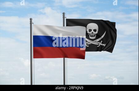 Russische Flagge und Korsarenfahne, die im Wind am blauen Himmel zusammenwinken Stockfoto