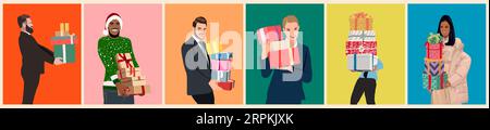 Glückliche Menschen mit Weihnachtsgeschenken Vektor-Set. Stock Vektor