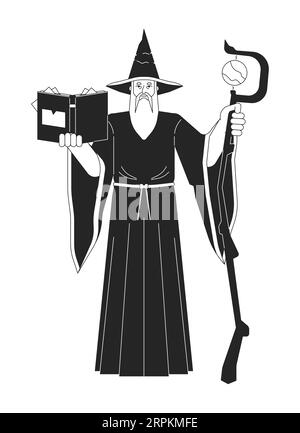 Geheimnisvoller Zauberer, flacher, schwarz-weißer Vektorcharakter Stock Vektor