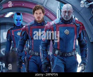 GUARDIANS OD TGE GALAXY vol 3 2023 Walt Disney Studios Motion Pictures/Marvel Film mit von links: Karen Gillan, Chris Pratt, Dave Bautista Stockfoto