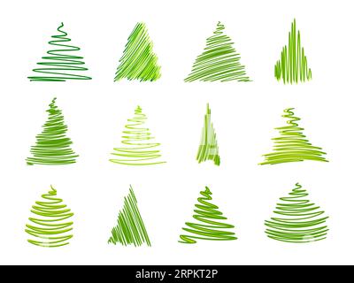 Weihnachtsbaumset mit Kritzeln. Doodle Christmas Trees-Gruppe. Handgezeichnete Kiefernsammlung. Urlaubs-Dekorationselement. Weihnachtstannensymbole. Vektor Stock Vektor