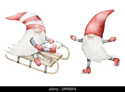 Eine Reihe traditioneller nordischer Gnome in einem roten Hut zum Schlittschuhlaufen und Rodeln. Lustiger skandinavischer Troll, Zwerg, Neujahr und Weihnachten. Von Hand gezeichnetes Aquarell Stockfoto