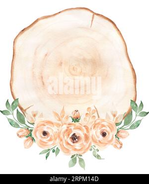 Aquarell beigefarbene Pfingstrosenblüten und grünlicher Blumenstrauß mit Holzschnittkranz Illustration, zarte Gartenrosen und Blätter Rand Clipart Stockfoto