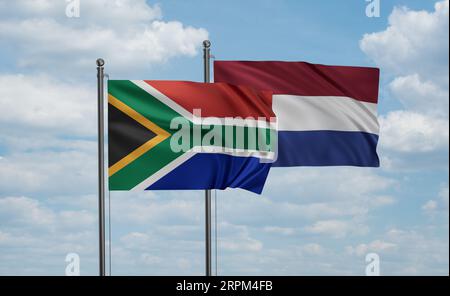 Niederländische Flagge und südafrikanische Flagge, die am blauen Himmel zusammenwinken, zwei-Länder-Kooperationskonzept Stockfoto