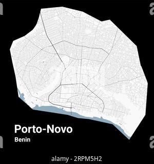 Karte von Porto-Novo, Hauptstadt von Benin. Stadtplan mit Flüssen und Straßen, Parks und Eisenbahnen. Vektorillustration. Stock Vektor