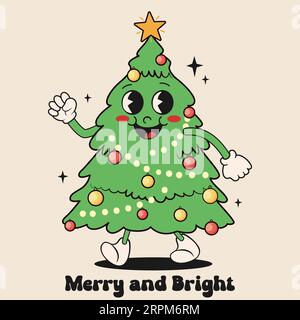 Retro-Cartoon Kristmas-Baum, lustige Figur. Fröhlicher und heller Text. Vektorillustration. Stock Vektor