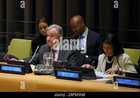 200204 -- VEREINTEN NATIONEN, 4. Februar 2020 -- UN-Generalsekretär Antonio Guterres L spricht auf der Sitzung des Ausschusses für die Ausübung der unveräußerlichen Rechte des palästinensischen Volkes am 4. Februar 2020 im UN-Hauptquartier in New York. Antonio Guterres sagte am Dienstag, dass sich das Weltgremium zu seiner etablierten Position einer zwei-Staaten-Lösung in Bezug auf den israelisch-palästinensischen Konflikt verpflichtet hat. UN-GUTERRES-ZWEI-STAATEN-LÖSUNG-ISRAELISCH-PALÄSTINENSISCHER KONFLIKT WANGXJIANGANG PUBLICATIONXNOTXINXCHN Stockfoto