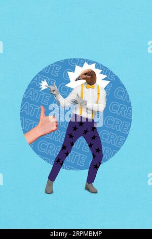 Vertikale Composite-Collage aus kopflosen Straußen Wildtier-Guy Gentleman-Fingern, die wie ein Zeichen auf blauem kreativem Hintergrund zeigen Stockfoto