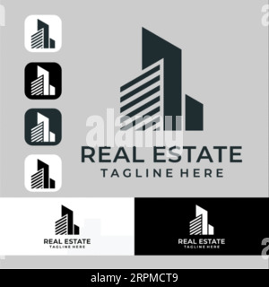 Immobilien Logo Design Gebäude, Haus, Architekt, Haus, Bau, Property Real Estate Brand Identity Template with Real Estate Icon Design Vol Stock Vektor