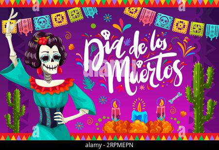 Mexikanischer Tag der Toten Urlaub Catrina Charakter und Papel Picado Papier geschnittene Girlanden mit Kerzen und Ringelblumen. Vector Dia de Los Muertos calavera Skeletttänzerin, ofrenda-Altar und Flaggen Stock Vektor