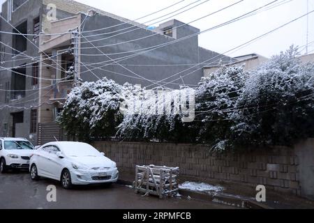 200211 -- BAGDAD, 11. Februar 2020 Xinhua -- Foto vom 11. Februar 2020 zeigt den Schnee in Bagdad, Irak. Viele Menschen in der irakischen Hauptstadt Bagdad wachten am Dienstag früh auf, um einen seltenen Schneefall in der Stadt zu beobachten. Schnee im Irak ist im nördlichen Teil des Landes häufig zu sehen, insbesondere in den Gebirgsregionen. Für die meisten Bürger in Bagdad ist es selten, dass sie Schnee sehen. Bagdad war im Januar 2008 zum ersten Mal seit über 100 Jahren Zeuge von Schneefällen. Xinhua/Khalil Dawood IRAQ-BAGDAD-SNOW PUBLICATIONxNOTxINxCHN Stockfoto