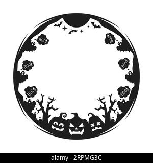 Schwarzer Rahmen für Halloween-Feiertage mit Gespenstern, die Buh sagen, gruselige Kürbisgesichter, die gruselig gruseln, Fledermäuse, die den Mond neu fliegen, Friedhof mit Grabsteinen und unheimliche Baumsilhouetten innerhalb der runden Vektorgrenze Stock Vektor