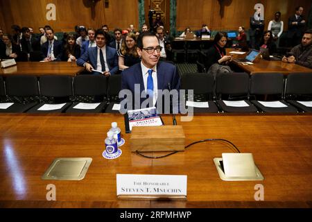 200212 -- WASHINGTON, 12. Februar 2020 -- der US-Finanzminister Steven Mnuchin bezeugt vor dem Finanzausschuss des Senats während einer Anhörung zum Haushaltsplan des Präsidenten für das Geschäftsjahr 2021 auf dem Capitol Hill in Washington D.C., USA, am 12. Februar 2020. Foto von /Xinhua U.S.-WASHINGTON D.C.-STEVEN MNUCHIN-GESCHÄFTSJAHR 2021-BUDGET-ANHÖRUNG TingxShen PUBLICATIONxNOTxINxCHN Stockfoto