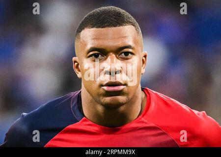 Lyon, Frankreich. September 2023. Kylian Mbappe von PSG während des Ligue 1 Uber Eats-Spiels zwischen Olympique Lyonnais und Paris Saint-Germain spielte am 3. September im Groupama-Stadion in Lyon. (Foto: Matthieu Mirville/PRESSINPHOTO) Credit: PRESSINPHOTO SPORTS AGENCY/Alamy Live News Stockfoto