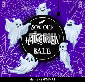 Halloween-Weihnachtsbanner mit Comic-Geistern, Spinnen und Spinnweben. Vector-Werbeschild für das saisonale Herbstrabattangebot. Werbekarte mit lustigen fliegenden, weißen Blättergeistern und Spinnweben Stock Vektor