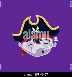 Cartoon Halloween schlafende Piraten-Emoji-Figur. Isolierter Vektorschlummer Korsar mit geschlossenen Augen, Bandana und Tricorn-Hut mit gekreuzten Säbeln. Das gruselige, filigrane Personage-Gesicht macht einen Sound-Zzzz Stock Vektor