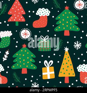 Flaches Vektor-nahtloses Muster für Weihnachtsfeiertage. Textur der Winterjahreszeitsymbole. Traditionelle Weihnachtsattribute Weihnachtsbäume, Geschenke Stock Vektor
