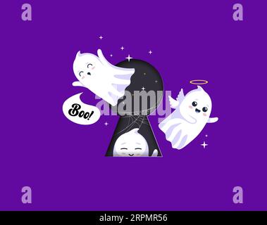 Comic Halloween Kawaii Geister fliegen aus dem Schlüsselloch. Niedliche Vektorfiguren gruseliger Weihnachtsmonster mit Buh-Sprechblase. Lustige weiße Geister oder Phantome, Vintage-Schlüsselloch und Spinnweben Stock Vektor