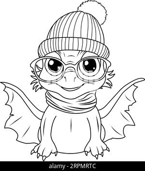 Ein Vektor eines niedlichen Drachen im Hut in schwarz-weißer Färbung, Ausmalbild 2024 Stock Vektor