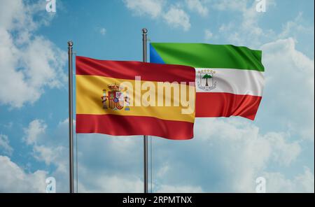 Flagge von Äquatorialguinea und Flagge Spaniens, die am blauen Himmel zusammenwinken, Konzept der Zusammenarbeit zwischen zwei Ländern Stockfoto
