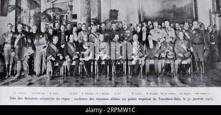 Eine der letzten Festlichkeiten des Regimes, das Publikum der Verbündeten am 31. Januar 1917, Zarskoie-Selo-Palast, Sankt Petersburg, Russland Stockfoto