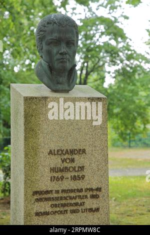 Denkmal und Büste von Alexander von Humboldt, Inschrift, Kopf, Albertpark, Freiberg, Sachsen, Deutschland Stockfoto