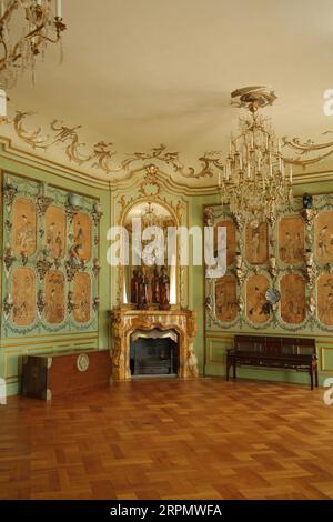 Chinesisches Zimmer mit Wandspiegel, Kronleuchter, Stuck, Ornamenten, Brust- und Parkettboden, Innenansicht, Schloss, Lichtenwalde, Niederwiesa, Sachsen Stockfoto